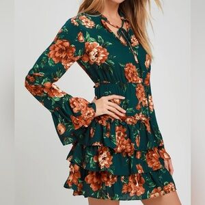 Lulus Green Floral Ruffle Mini Dress XS
